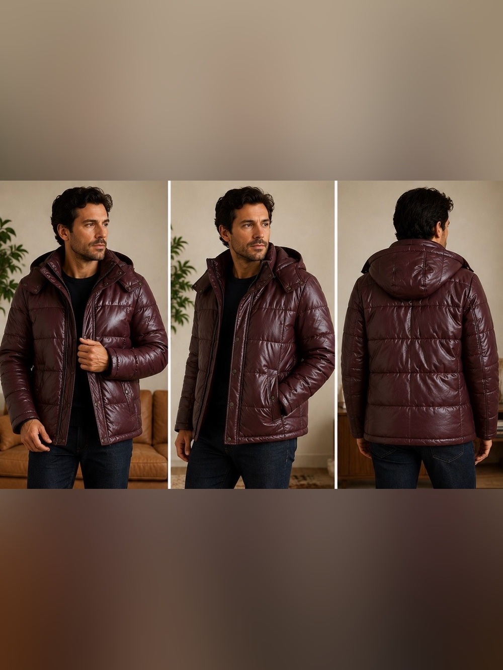 Crocodile Genuine Lamb Leather Burgundy Puffer Coat Jacket Men’s Size 50/L